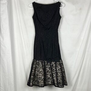 Vintage Black Whimsygoth Lace Midi Cocktail Dress with Bow and Mermaid Skirt